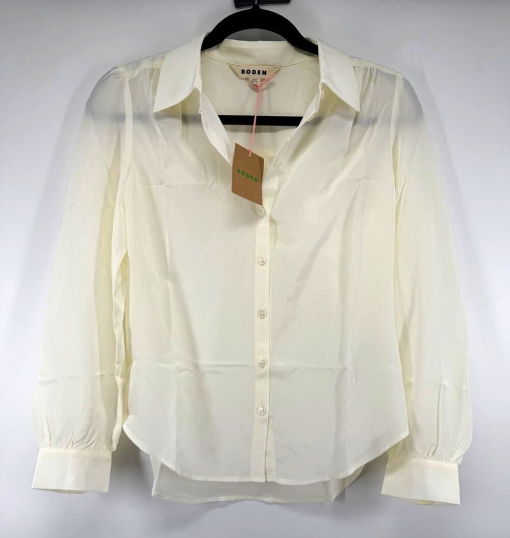 BODEN Ivory Silk Chiffon Sheer Collared Button-Up Blouse 4P 100% Silk NWT